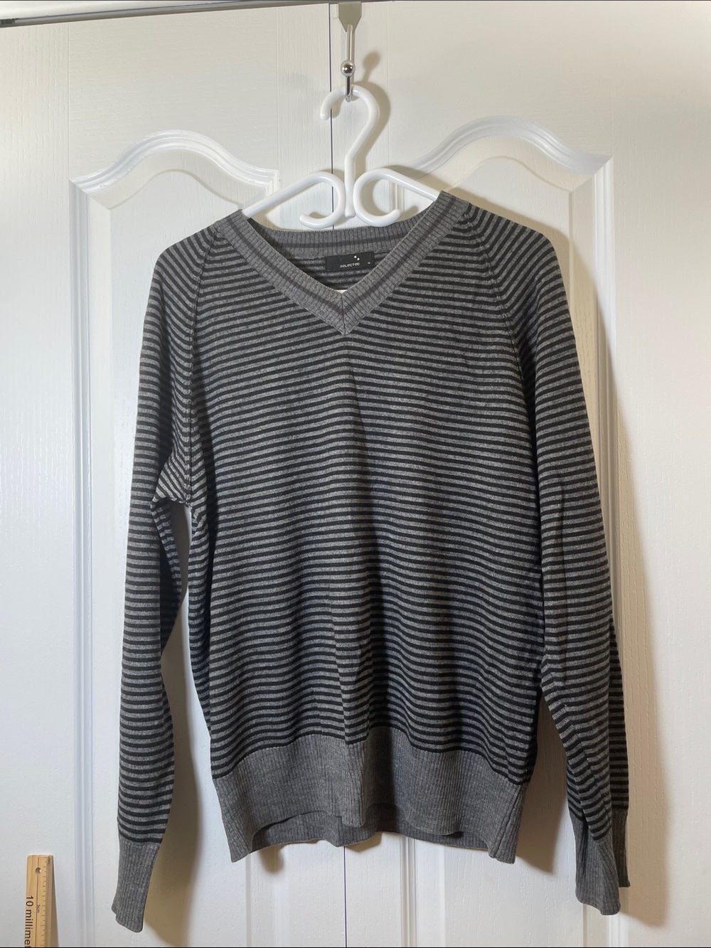 Selected Men's Gray Striped V-Neck Wool Sweater